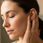 Woman with eyes closed gently pressing her fingers near her ear in a vagus nerve activation technique for anxiety relief