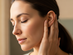 Woman with eyes closed gently pressing her fingers near her ear in a vagus nerve activation technique for anxiety relief