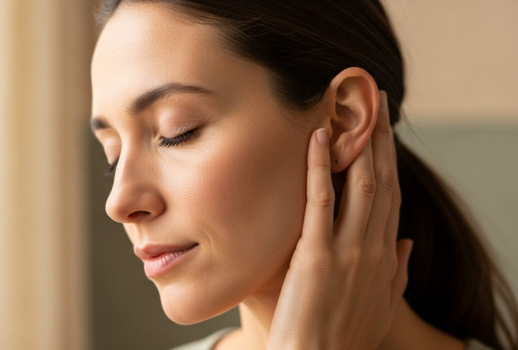 Woman with eyes closed gently pressing her fingers near her ear in a vagus nerve activation technique for anxiety relief