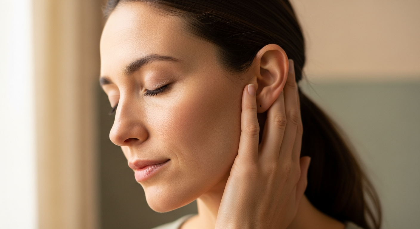 Woman with eyes closed gently pressing her fingers near her ear in a vagus nerve activation technique for anxiety relief