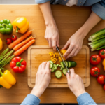 Fresh colorful vegetables being washed and chopped on a kitchen counter