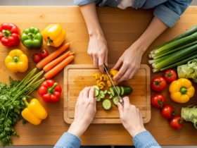 Fresh colorful vegetables being washed and chopped on a kitchen counter