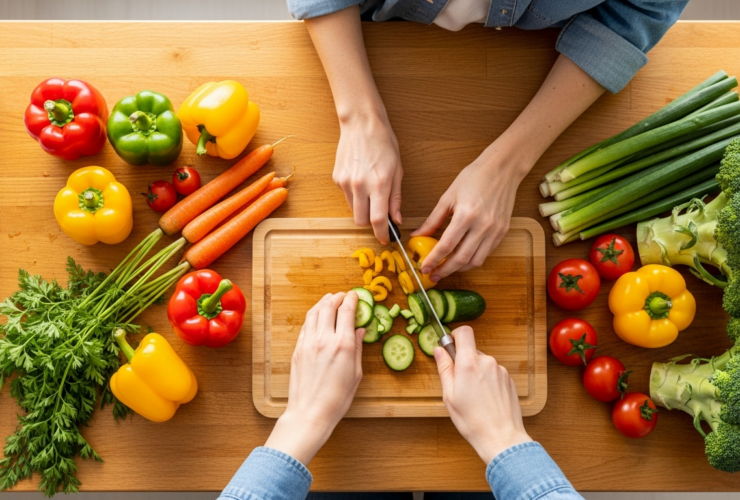 Fresh colorful vegetables being washed and chopped on a kitchen counter