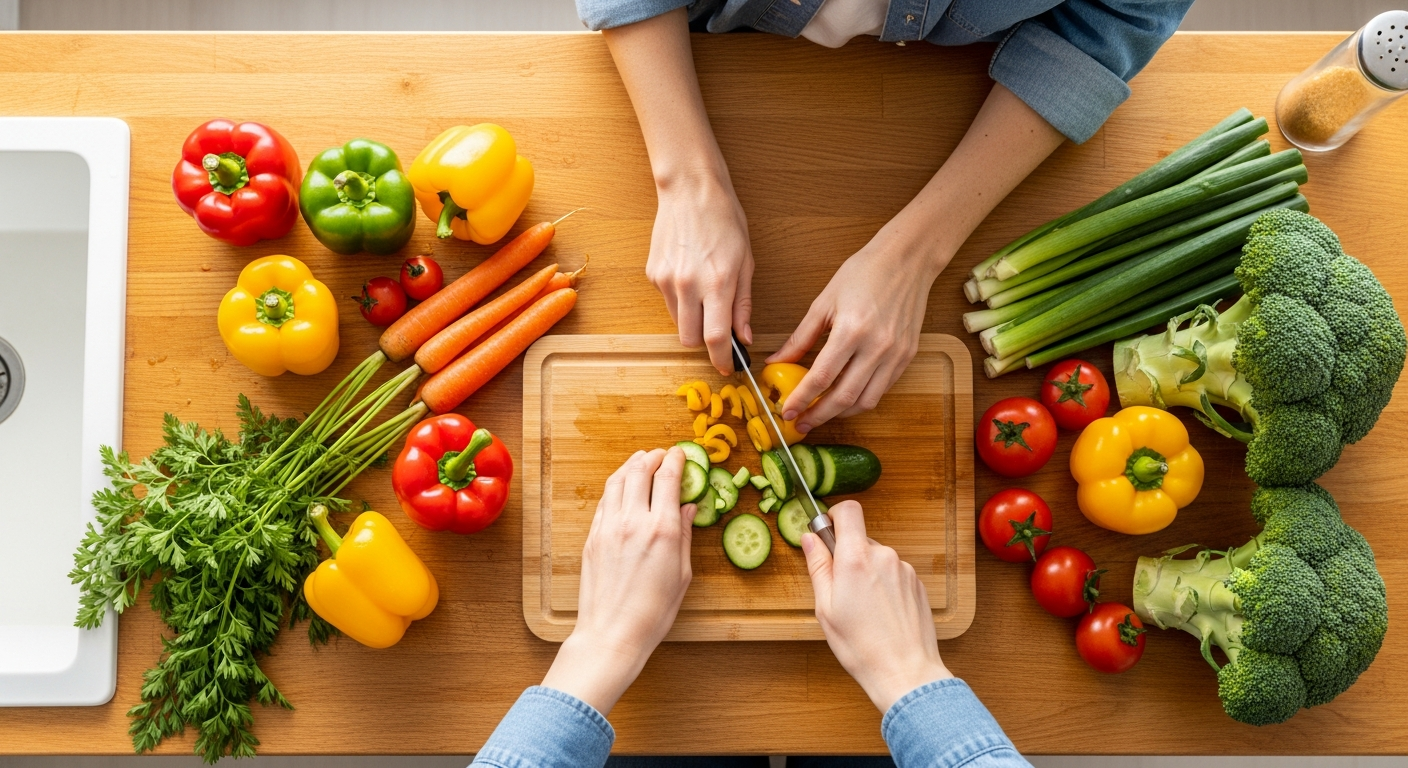Fresh colorful vegetables being washed and chopped on a kitchen counter