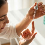 Woman applying a drop of retinol serum from a dropper at a vanity