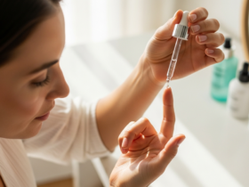 Woman applying a drop of retinol serum from a dropper at a vanity
