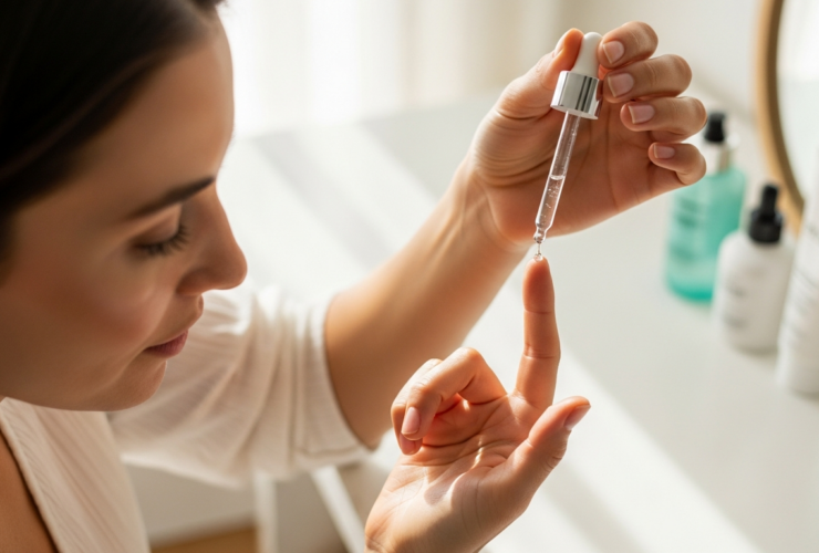Woman applying a drop of retinol serum from a dropper at a vanity