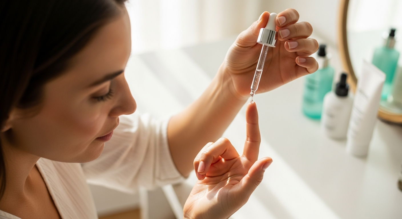 Woman applying a drop of retinol serum from a dropper at a vanity