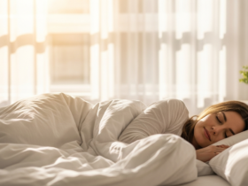 Woman sleeping peacefully in a bright airy bedroom with soft morning light