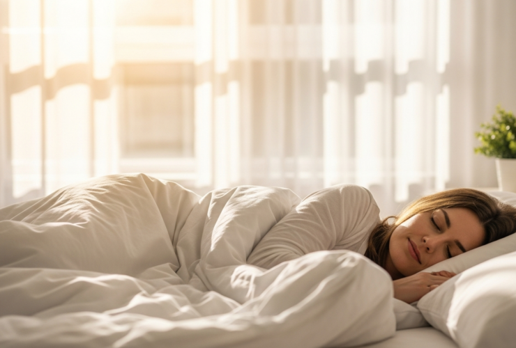 Woman sleeping peacefully in a bright airy bedroom with soft morning light