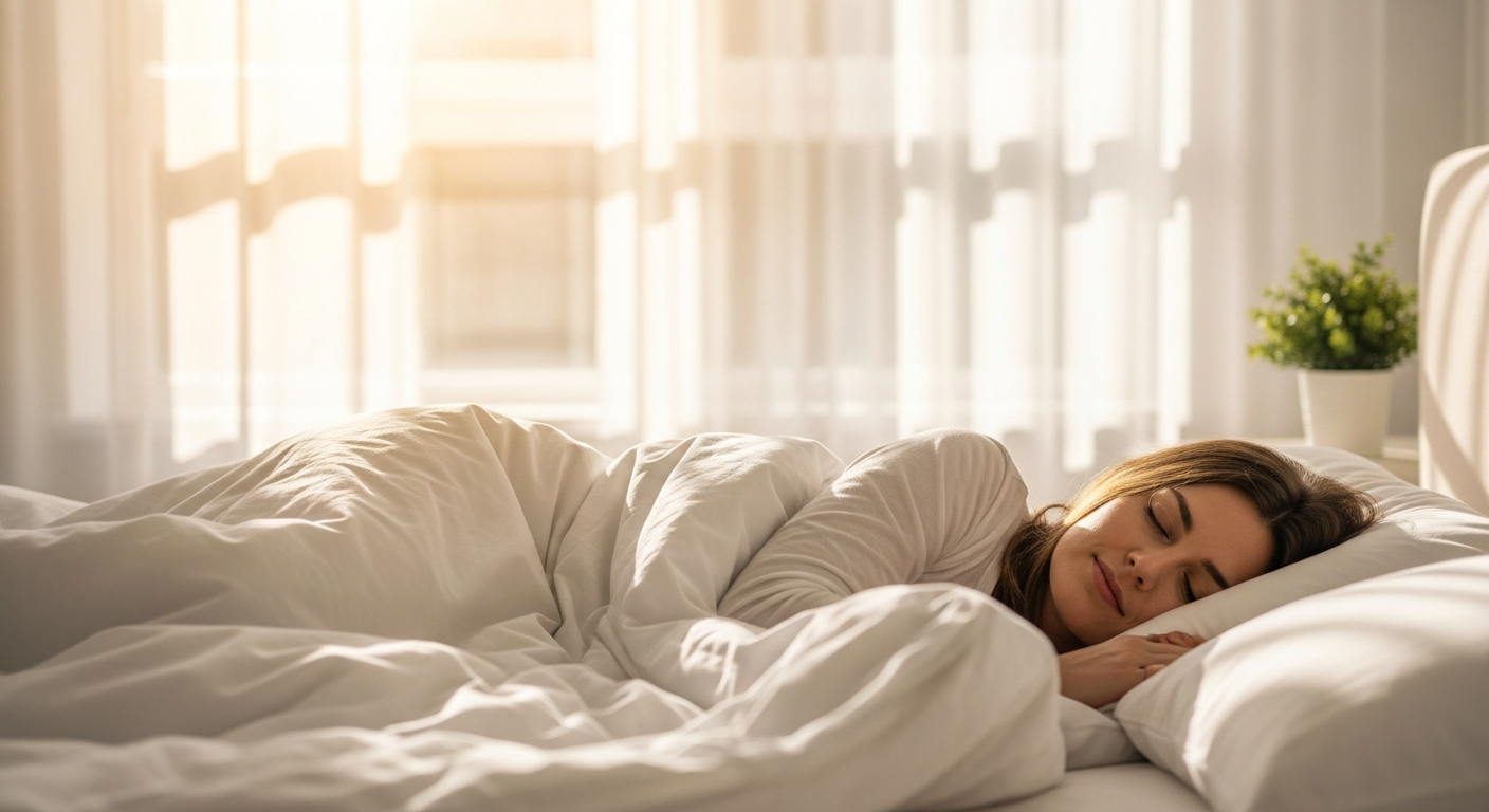 Woman sleeping peacefully in a bright airy bedroom with soft morning light
