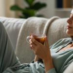 Woman relaxing with a warm cup of peppermint herbal tea, calm wellness mood