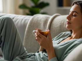 Woman relaxing with a warm cup of peppermint herbal tea, calm wellness mood