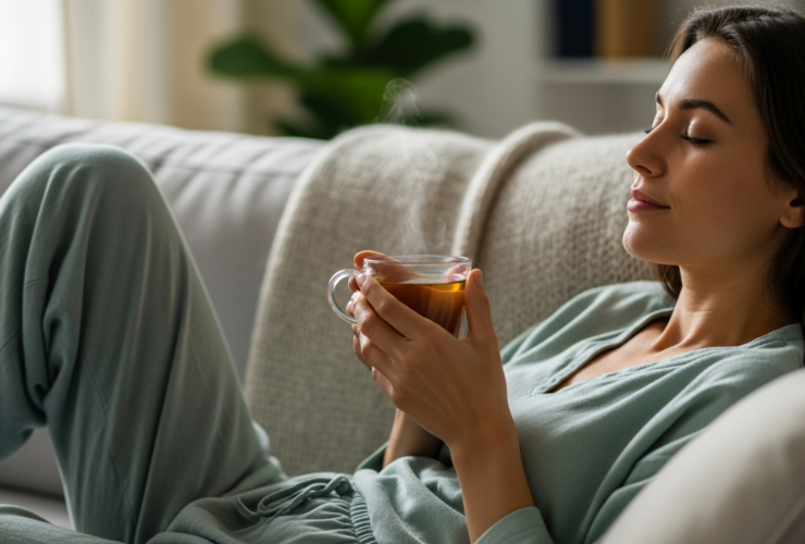 Woman relaxing with a warm cup of peppermint herbal tea, calm wellness mood