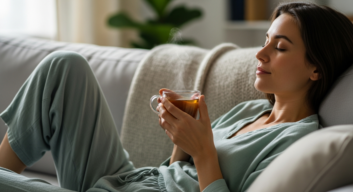 Woman relaxing with a warm cup of peppermint herbal tea, calm wellness mood