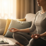 Woman meditating on a sofa with a smartphone and earbuds nearby, calm morning light