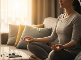 Woman meditating on a sofa with a smartphone and earbuds nearby, calm morning light