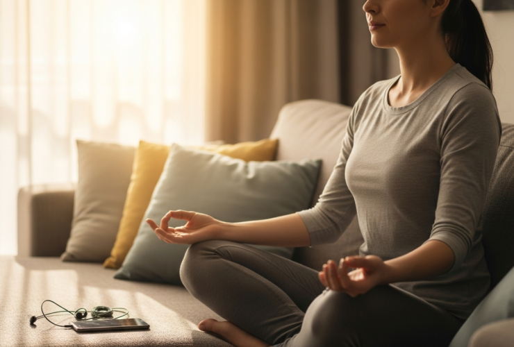 Woman meditating on a sofa with a smartphone and earbuds nearby, calm morning light
