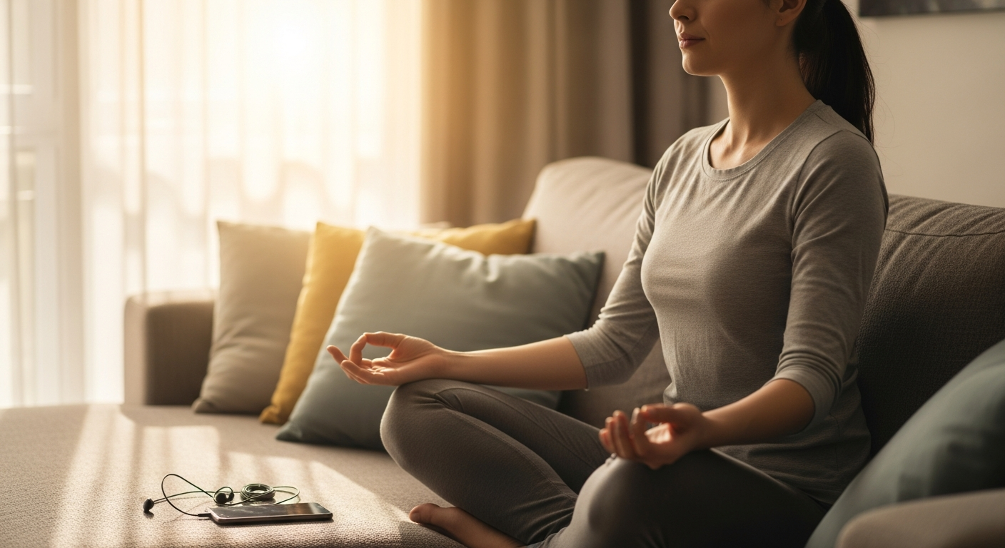 Woman meditating on a sofa with a smartphone and earbuds nearby, calm morning light