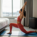 Woman doing a bodyweight stretch on a mat in a bright hotel room, staying fit while traveling