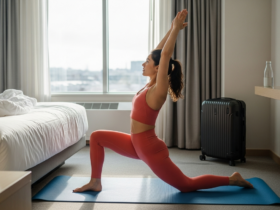 Woman doing a bodyweight stretch on a mat in a bright hotel room, staying fit while traveling