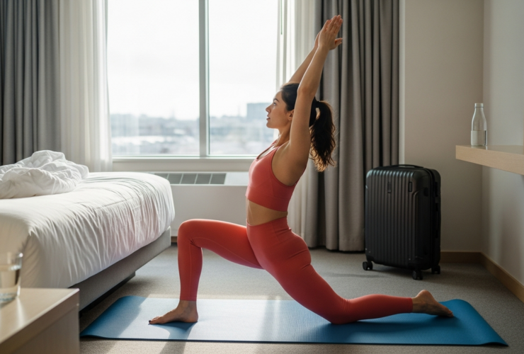 Woman doing a bodyweight stretch on a mat in a bright hotel room, staying fit while traveling
