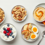 Flat lay of healthy weight-loss snacks: Greek yogurt with berries, nuts, hummus with veggies, apple with peanut butter