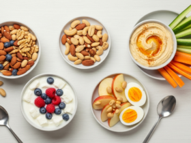 Flat lay of healthy weight-loss snacks: Greek yogurt with berries, nuts, hummus with veggies, apple with peanut butter