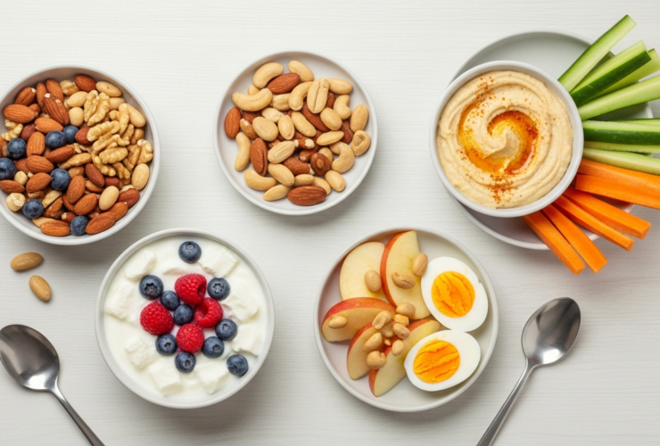 Flat lay of healthy weight-loss snacks: Greek yogurt with berries, nuts, hummus with veggies, apple with peanut butter