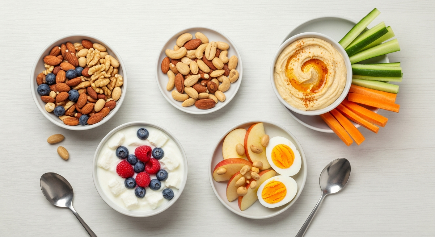 Flat lay of healthy weight-loss snacks: Greek yogurt with berries, nuts, hummus with veggies, apple with peanut butter
