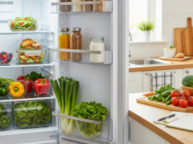 Organized refrigerator and kitchen counter with fresh produce and leftovers, reducing food waste