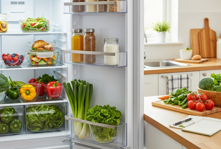 Organized refrigerator and kitchen counter with fresh produce and leftovers, reducing food waste