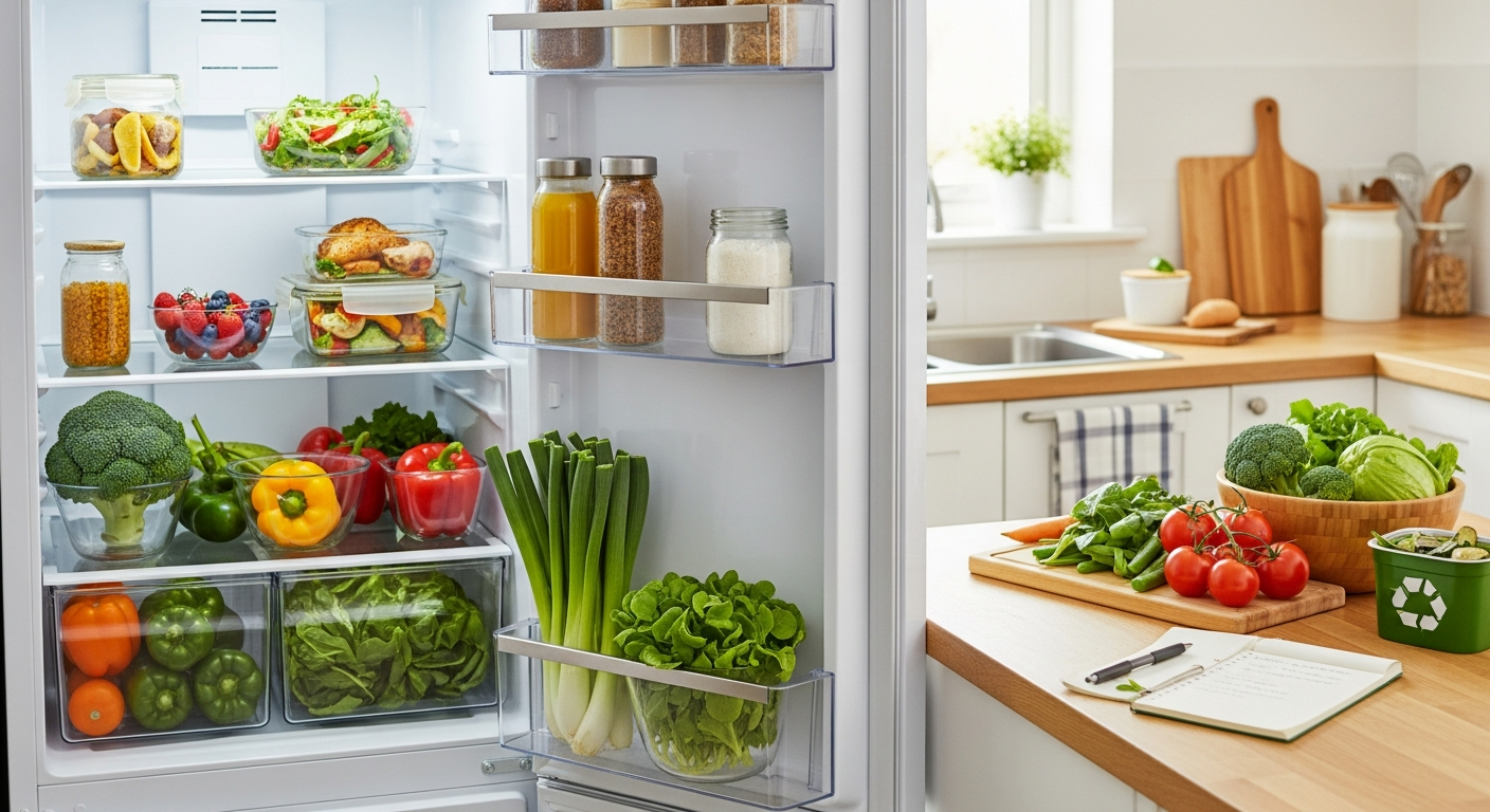 Organized refrigerator and kitchen counter with fresh produce and leftovers, reducing food waste
