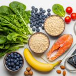 Heart-healthy foods for blood pressure: leafy greens, blueberries, oats, salmon, unsalted nuts, blood pressure monitor