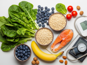 Heart-healthy foods for blood pressure: leafy greens, blueberries, oats, salmon, unsalted nuts, blood pressure monitor
