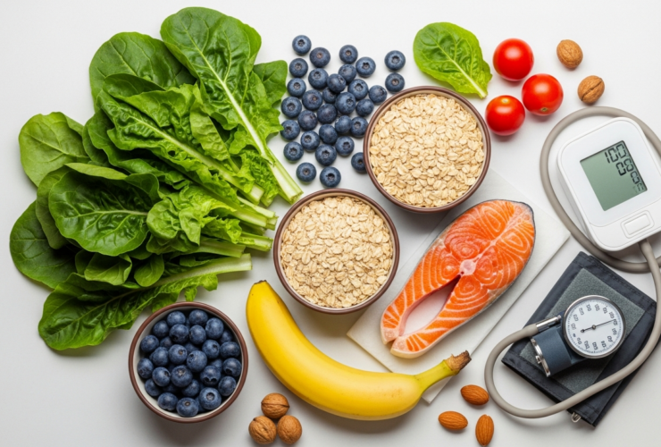 Heart-healthy foods for blood pressure: leafy greens, blueberries, oats, salmon, unsalted nuts, blood pressure monitor