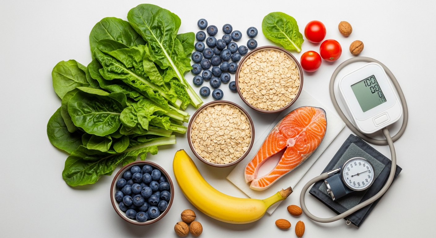 Heart-healthy foods for blood pressure: leafy greens, blueberries, oats, salmon, unsalted nuts, blood pressure monitor