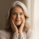 Confident healthy woman in her fifties by a window, calm reassuring wellness mood