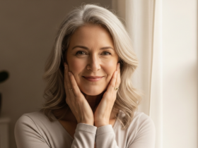 Confident healthy woman in her fifties by a window, calm reassuring wellness mood