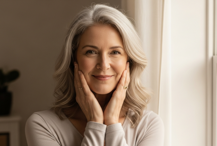 Confident healthy woman in her fifties by a window, calm reassuring wellness mood