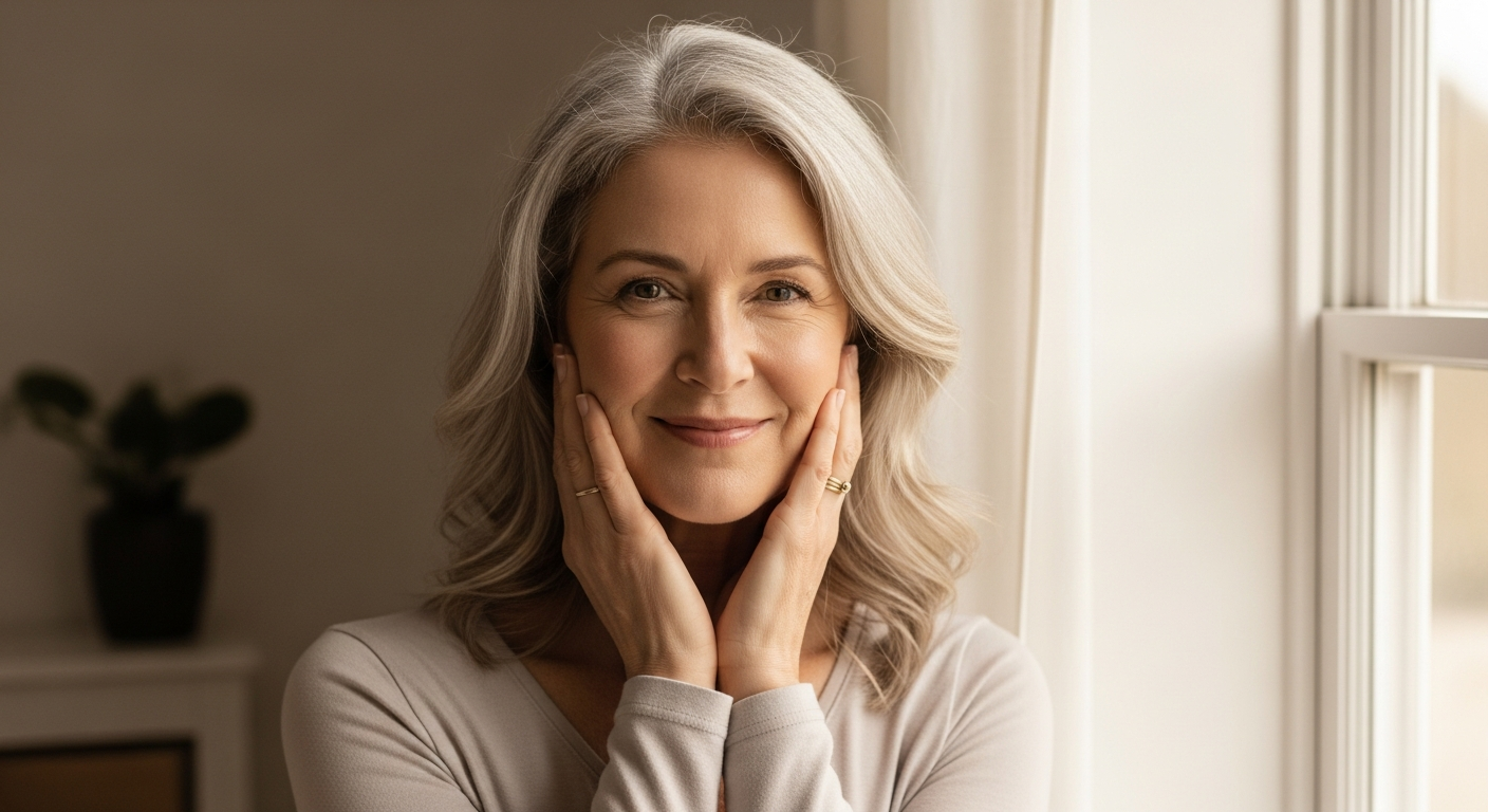 Confident healthy woman in her fifties by a window, calm reassuring wellness mood