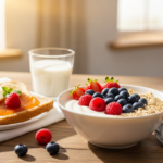 Healthy kid-friendly breakfast with yogurt, berries and whole grain toast