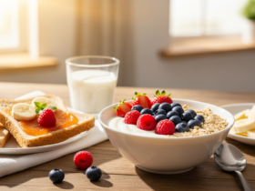 Healthy kid-friendly breakfast with yogurt, berries and whole grain toast