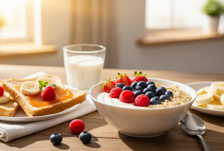 Healthy kid-friendly breakfast with yogurt, berries and whole grain toast