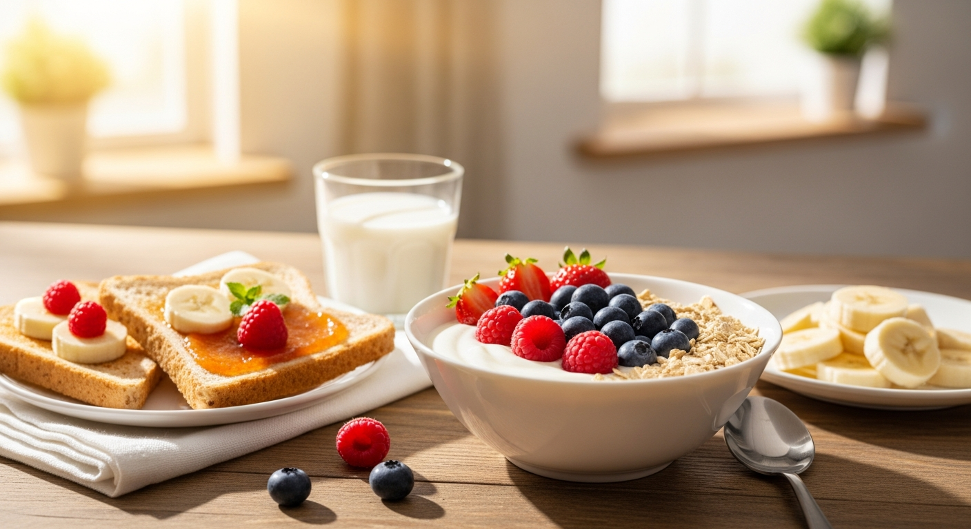 Healthy kid-friendly breakfast with yogurt, berries and whole grain toast