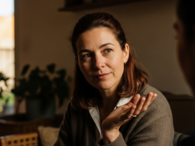 Photograph of a composed confident woman setting a calm boundary in a conversation, warm natural light, empowering realistic lifestyle photograph, no text, no watermark