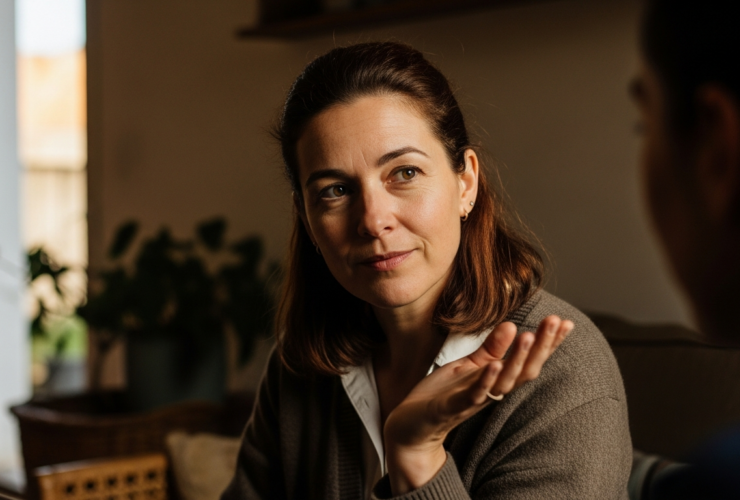 Photograph of a composed confident woman setting a calm boundary in a conversation, warm natural light, empowering