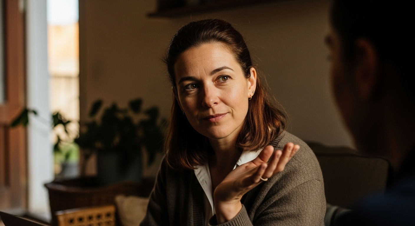 Photograph of a composed confident woman setting a calm boundary in a conversation, warm natural light, empowering