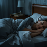 Serene photograph of a woman sleeping peacefully in a softly lit bedroom at night, cool calming tones