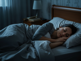 Serene photograph of a woman sleeping peacefully in a softly lit bedroom at night, cool calming tones